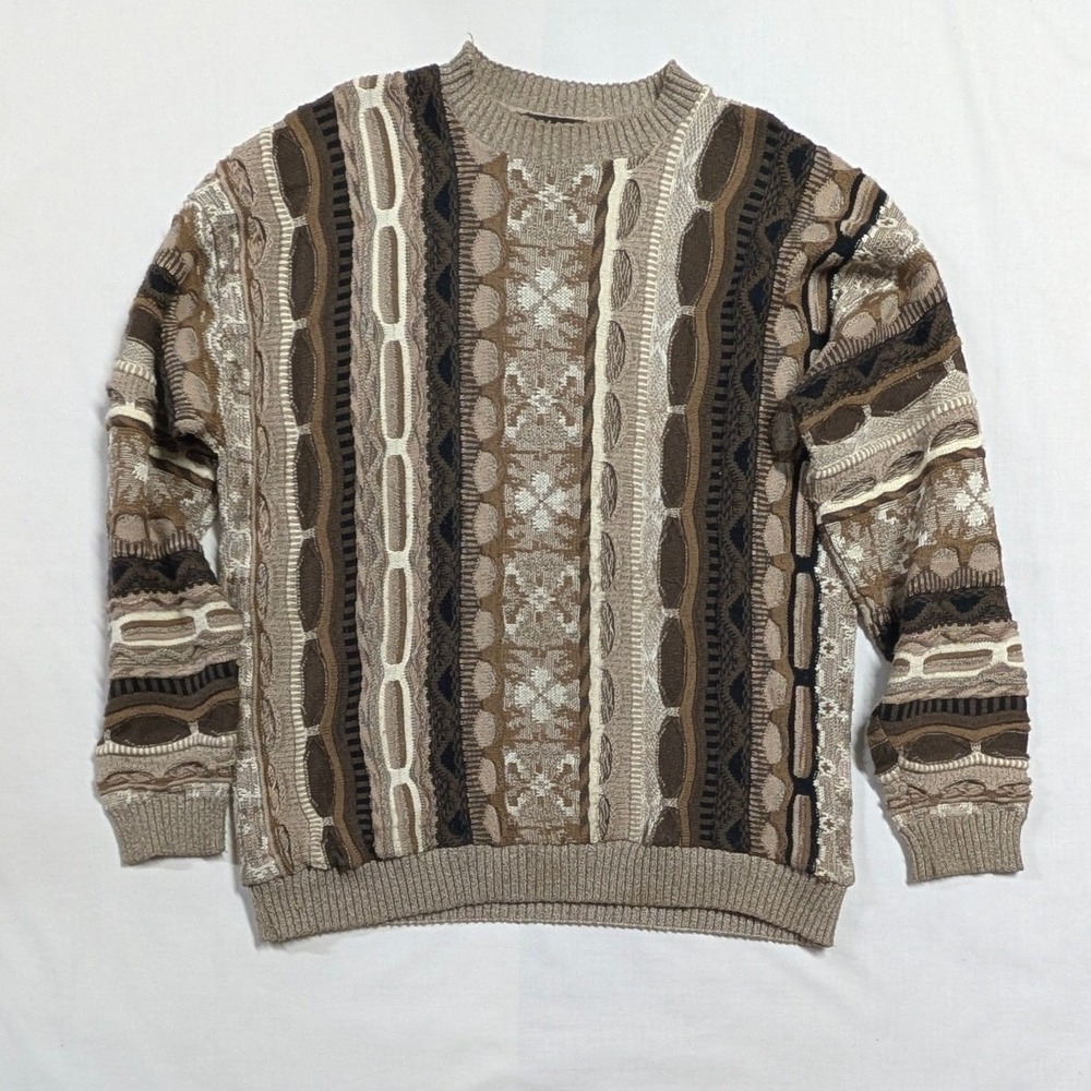 Vintage Protege Collection 3D Knit Sweater Mens Large Brown Earth Tone USA Made